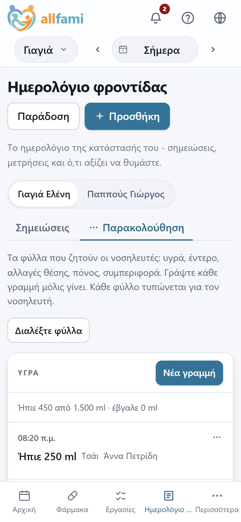 Το διάγραμμα υγρών σε κινητό: 450 από 1.500 ml ως τώρα σήμερα, τσάι στις 8:20 και νερό στις 10 το πρωί.