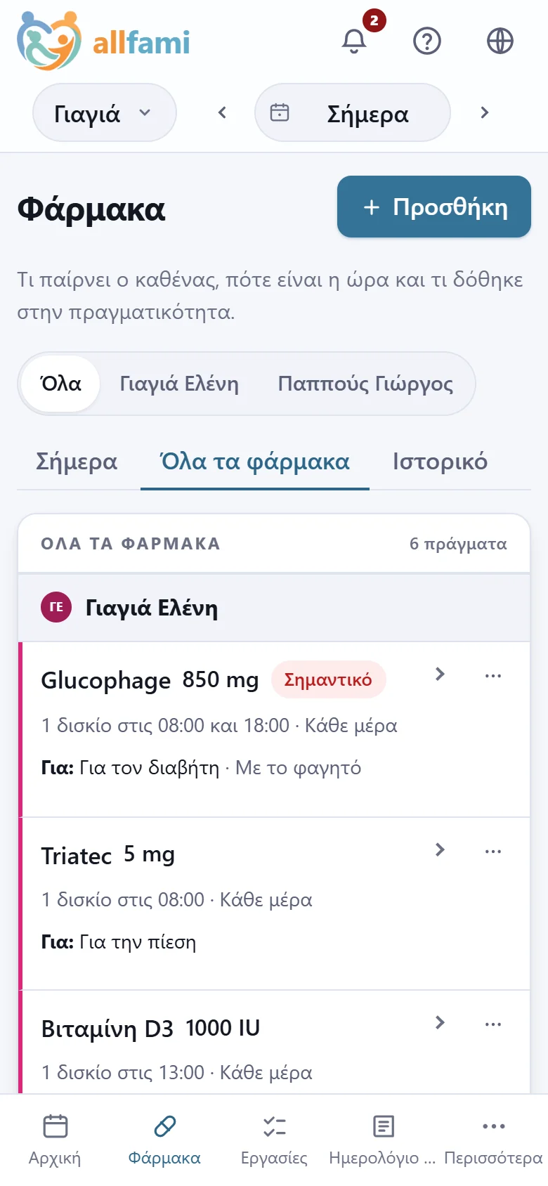 Η λίστα φαρμάκων σε κινητό, κάτω από το όνομα της γιαγιάς: Glucophage 850 mg για τον διαβήτη, ένα δισκίο στις 8 και στις 6, σημειωμένο ως σημαντικό, και Triatec για την πίεση.