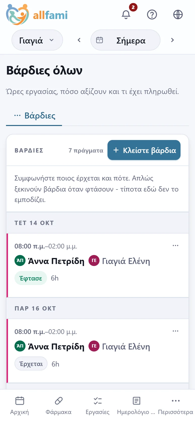 Οι βάρδιες σε κινητό: η Άννα σήμερα από τις 8 ως τις 2, ήδη εδώ, και κλεισμένη και για το επόμενο πρωί της.