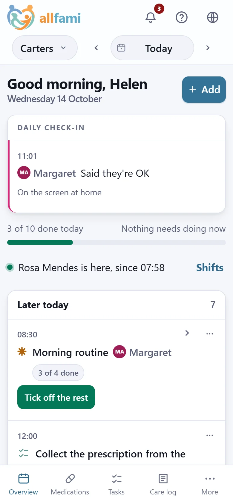 The Overview on a phone: Margaret's check-in this morning, three of ten things done today, Rosa here since 07:58, and the morning routine three steps in, under Later today.