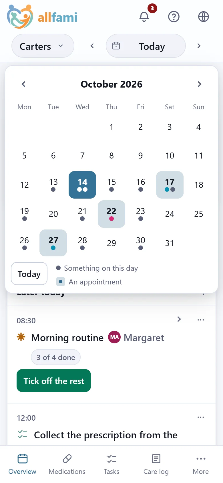 The calendar open on a phone: October, with dots under most days and four appointment days shaded.