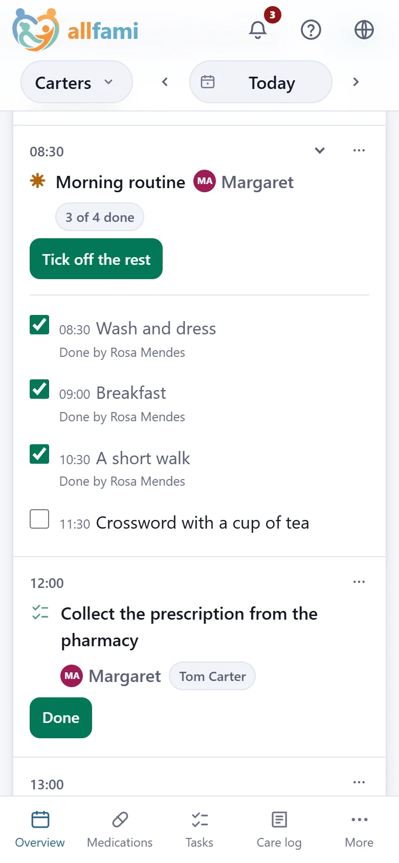 Margaret's morning routine opened on a phone: washing and dressing, breakfast and a short walk ticked off by Rosa, the crossword still to do.