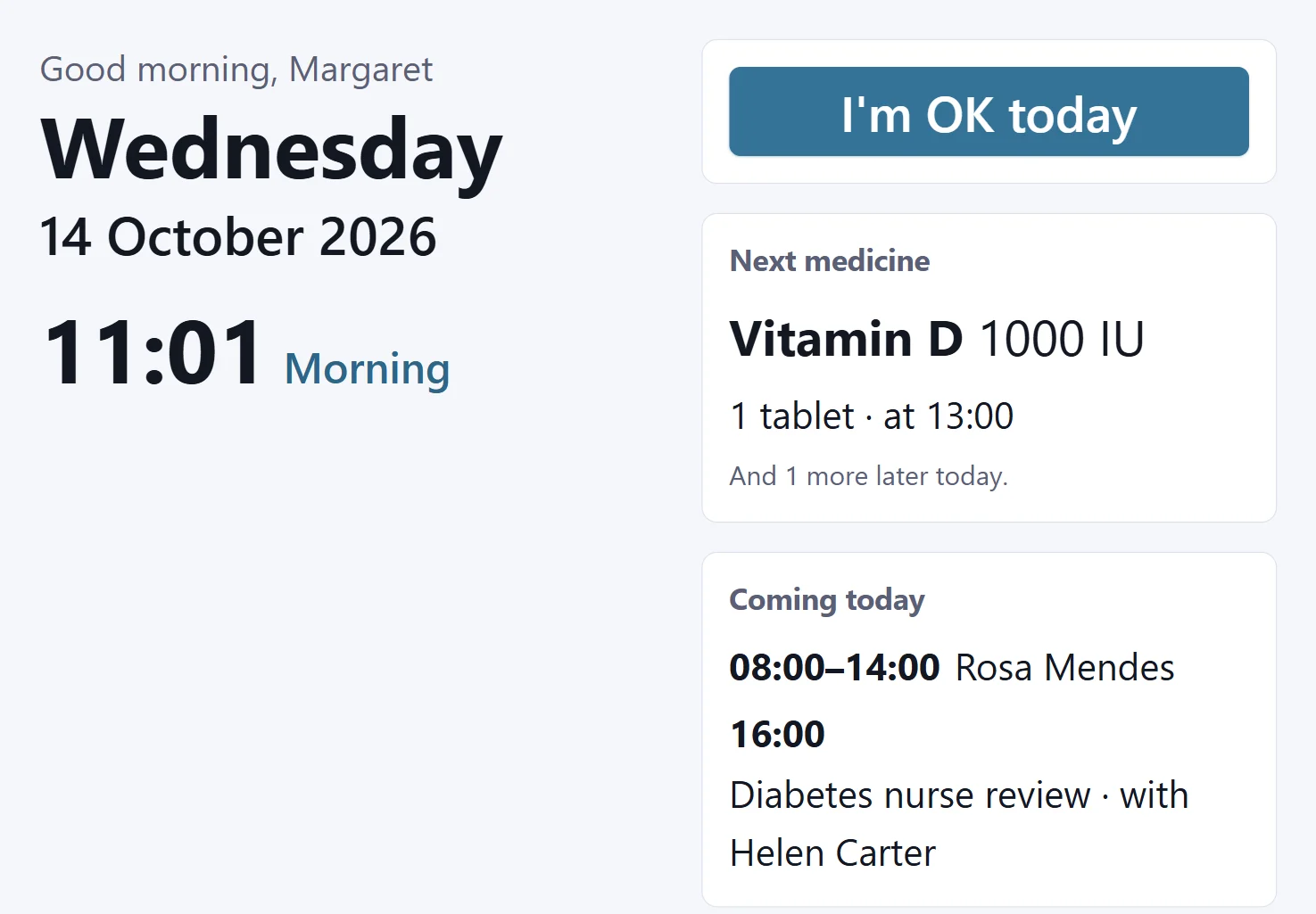 The screen at home on a kitchen tablet: the day and the time in big letters, a big I'm OK today button, the next medicine at one o'clock and Rosa there until two.