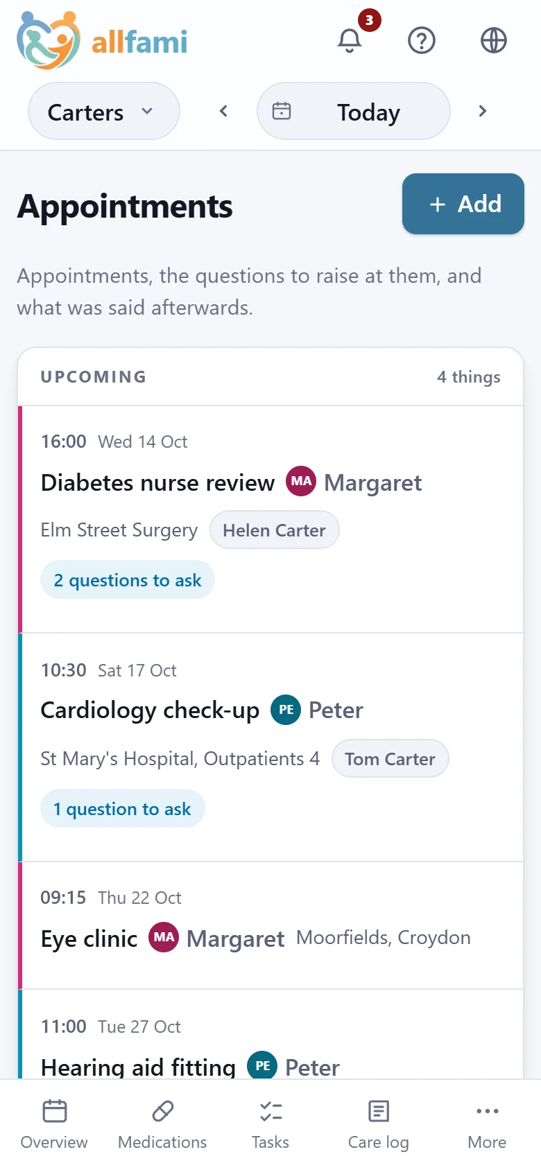 The appointments list on a phone: a diabetes nurse review today with two questions to ask, and a cardiology check-up in three days with Tom going.