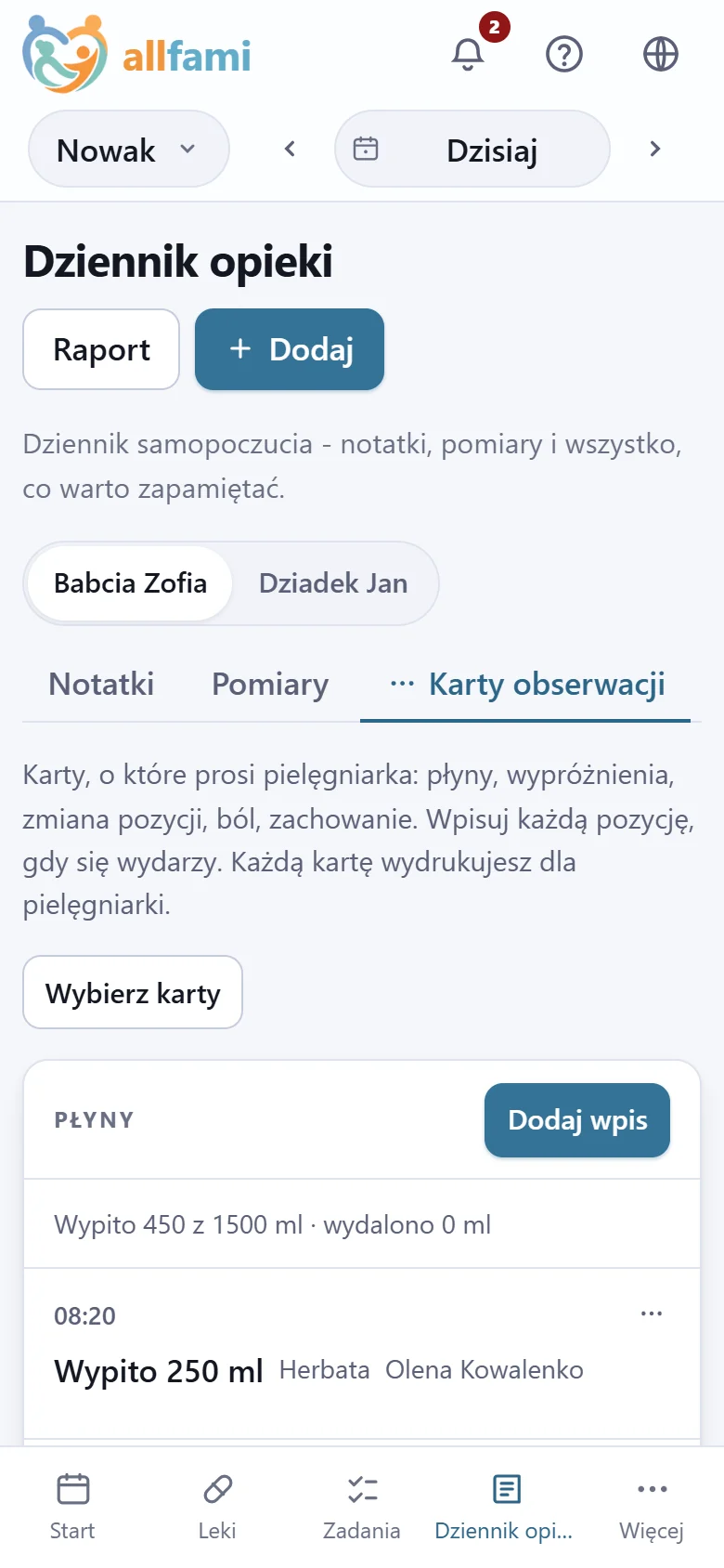 Karta płynów na telefonie: dziś 450 z 1500 ml do tej pory, herbata o 8:20 i woda o 10:00.