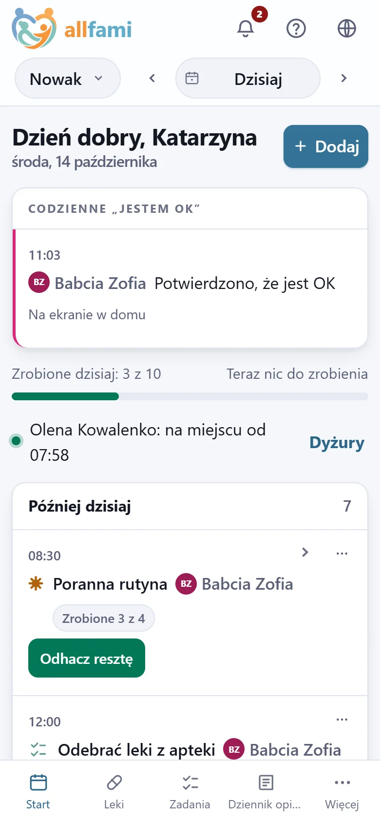Ekran Start na telefonie: dzisiejsze „jestem OK” babci, zrobione 3 z 10, Olena na miejscu od 7:58 i poranna rutyna na trzecim z czterech kroków, w części „Później dzisiaj”.