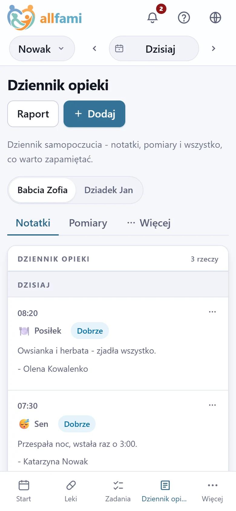 Dziennik opieki na telefonie, dzień po dniu: pod „Dzisiaj” babcia zjadła całe śniadanie i przespała noc.