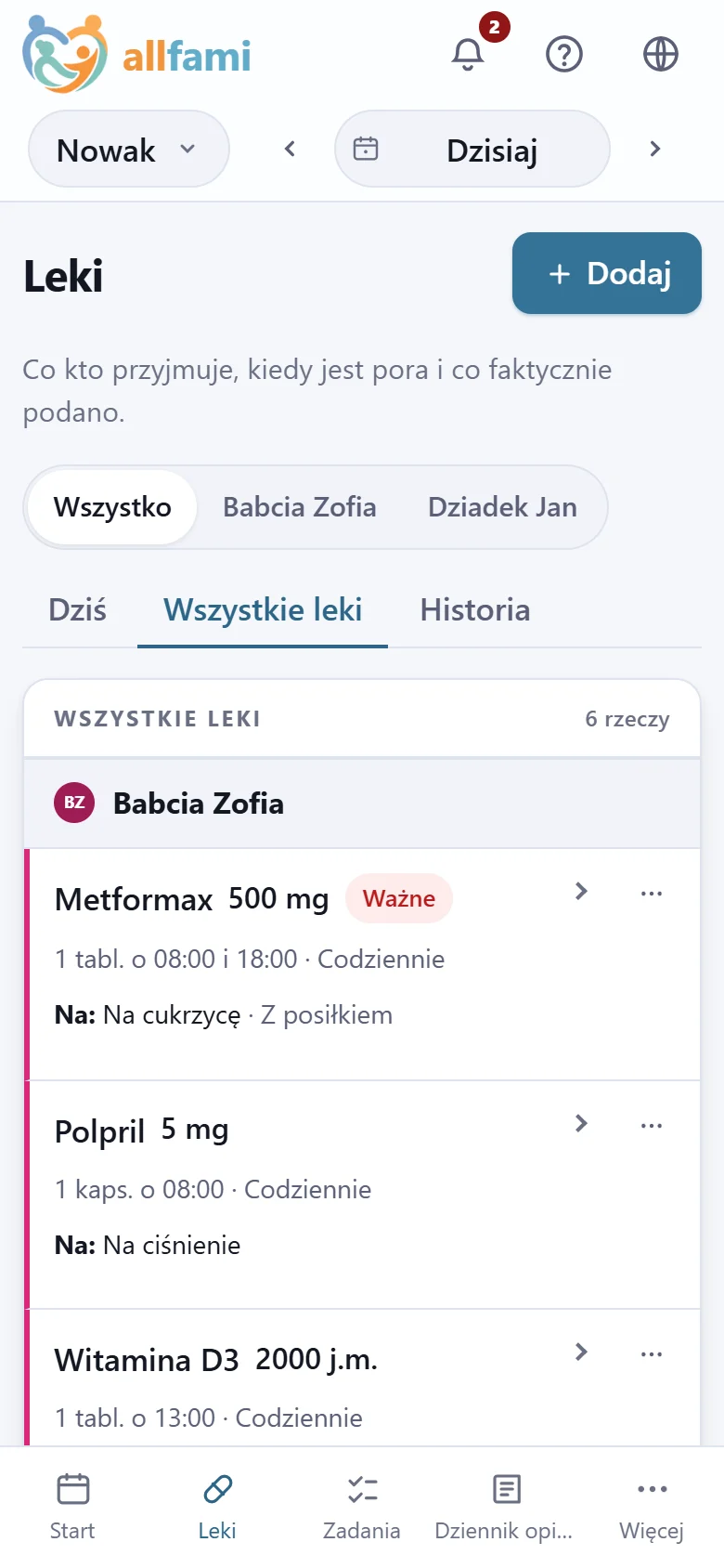 Lista leków na telefonie, pod imieniem babci: Metformax 500 mg na cukrzycę, tabletka o 8 i o 18, oznaczony jako ważny, i Polpril na ciśnienie.