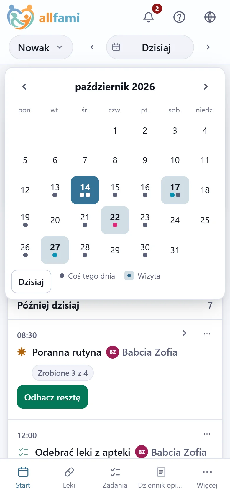 Kalendarz otwarty na telefonie: październik, z kropkami pod większością dni i czterema zacienionymi dniami wizyt.