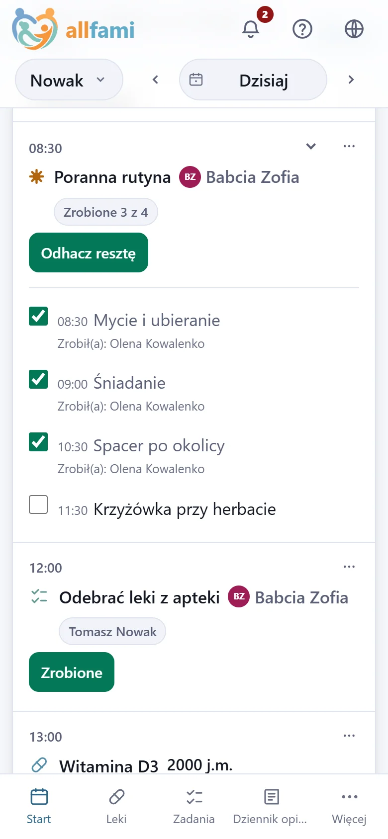 Poranna rutyna babci rozwinięta na telefonie: mycie i ubieranie, śniadanie i spacer odhaczone przez Olenę, krzyżówka jeszcze przed nią.