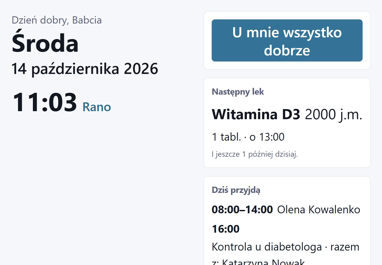 Ekran w domu na kuchennym tablecie: dzień i godzina dużymi literami, duży przycisk „U mnie wszystko dobrze”, następny lek o 13:00 i Olena na miejscu do 14:00.