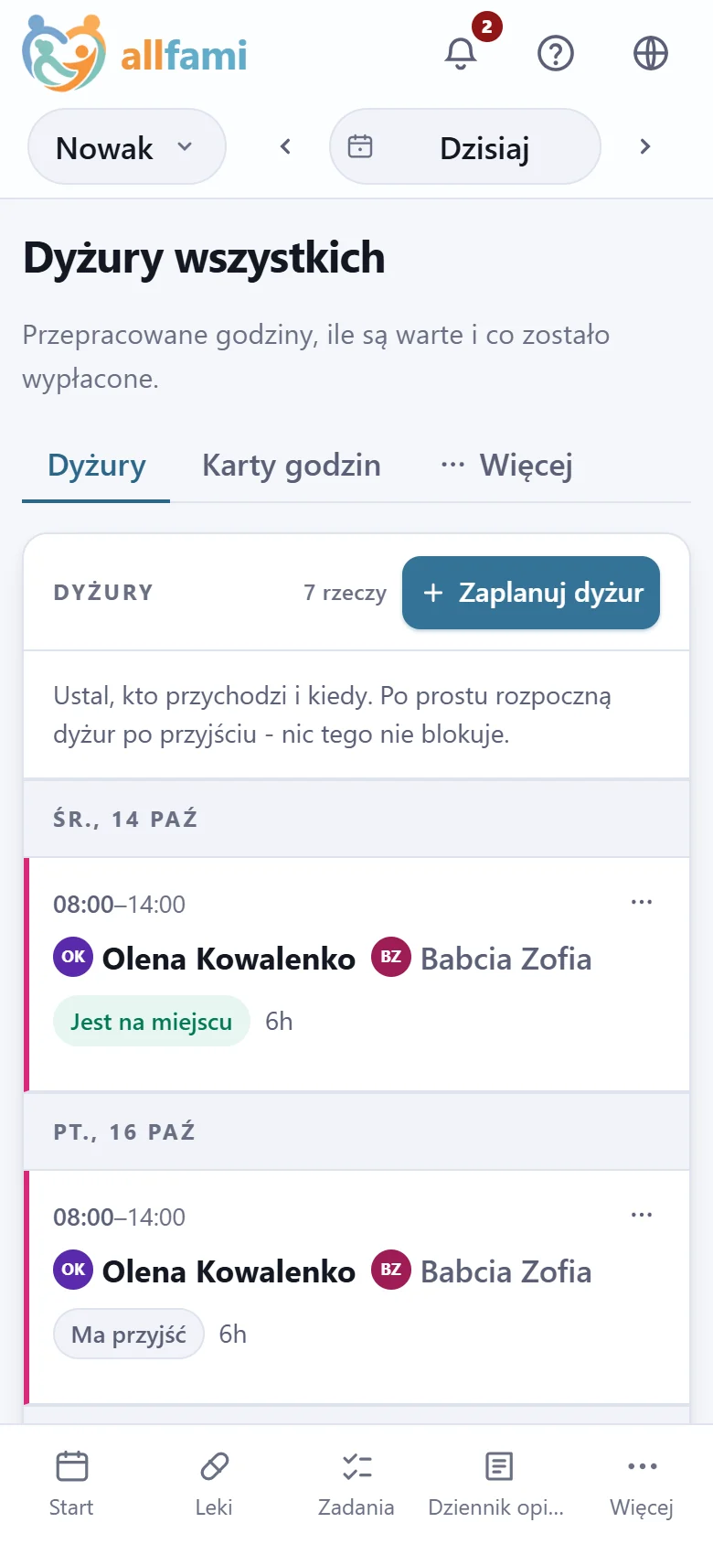 Dyżury na telefonie: Olena dziś od 8 do 14, już na miejscu, i zapisana też na swój następny poranek.